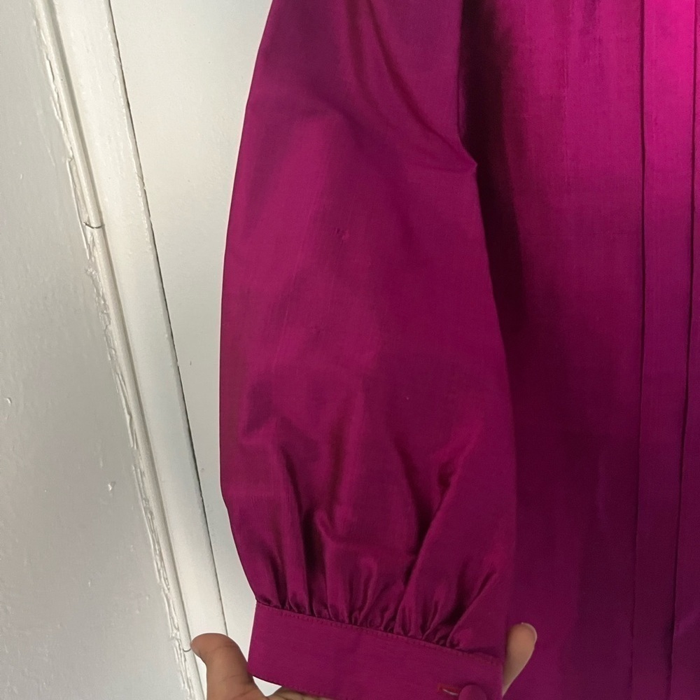 Women's Magenta Thai Silk Button-Up Blouse - Picture 7 of 9